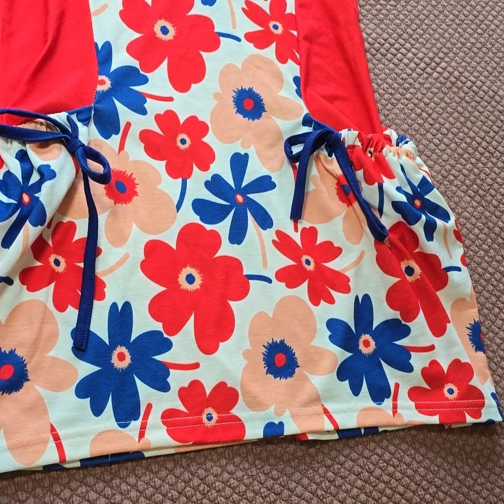 Sunshine Swing Floral Sleeveless Dress with Red and Blue Accents - Picture 4 of 10